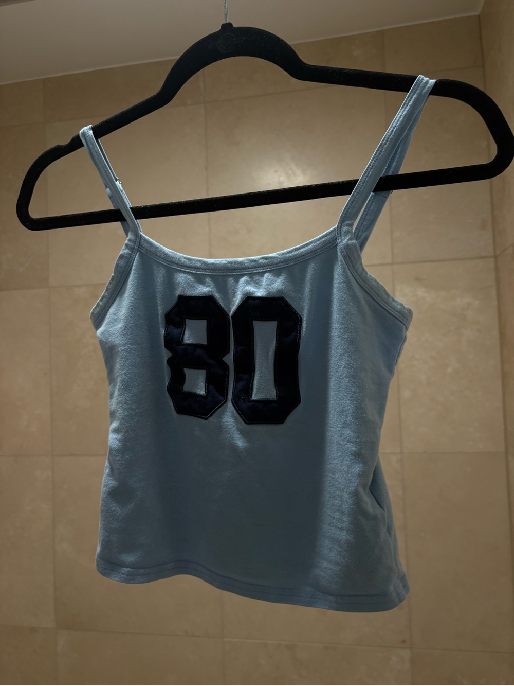 Edikted Pale Blue Spaghetti Strap Tank with Navy 80 Appliqué